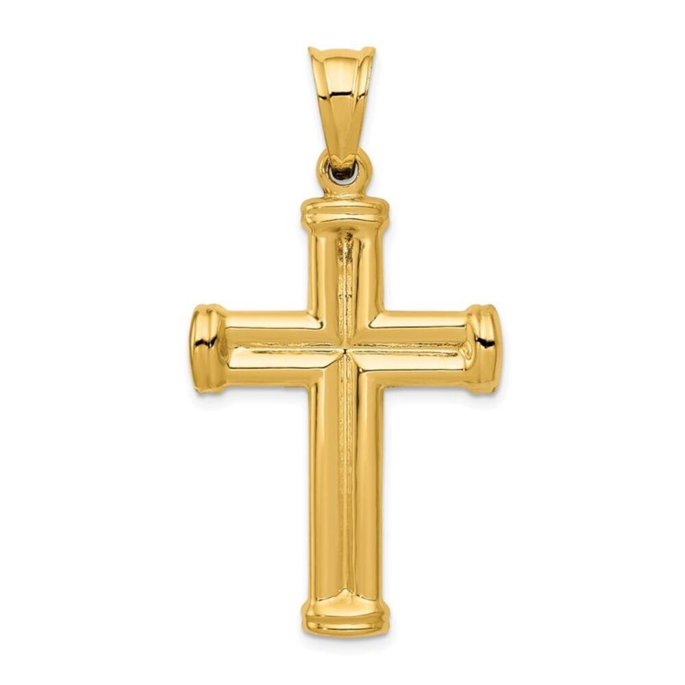 Men's 14k Yellow Gold Hollow 3D Grooved Cross Pendant, 24 x 42mm